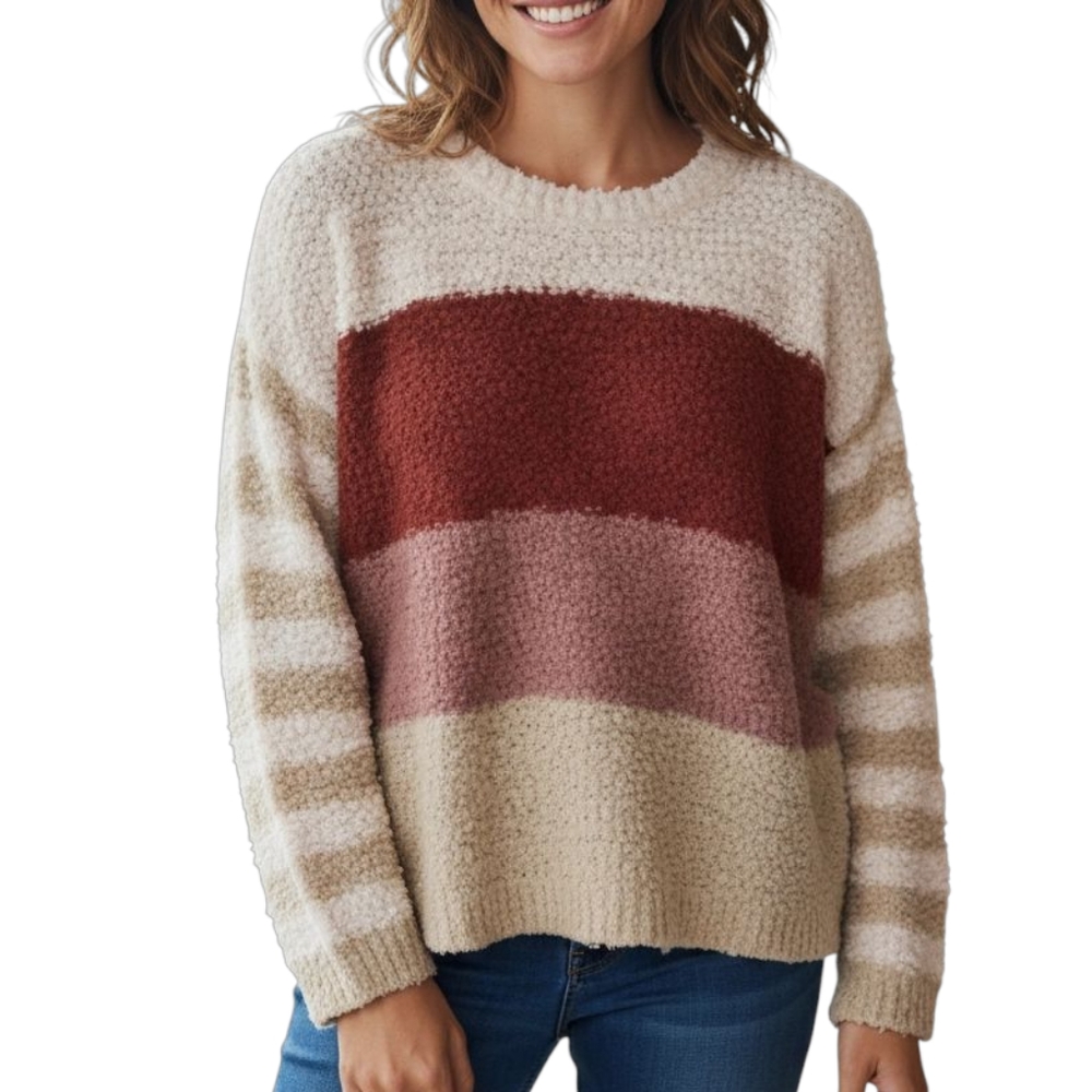 Macaron Womens Striped Pullover Sweater Small Cream Pink Brown Cozy Textured